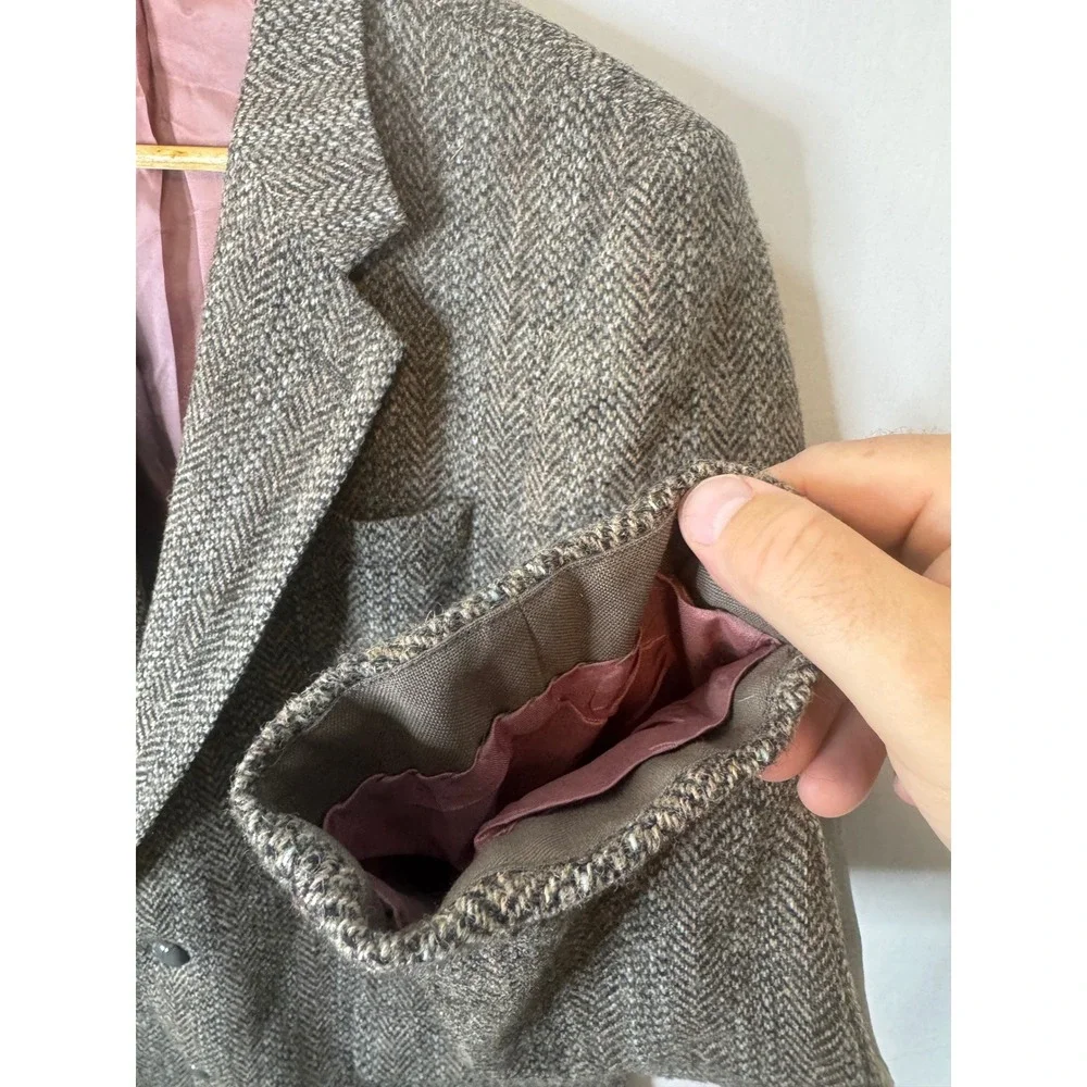 Harris Tweed Mens 40L Tall Brown Herringbone Wool Blazer Elbow Patches